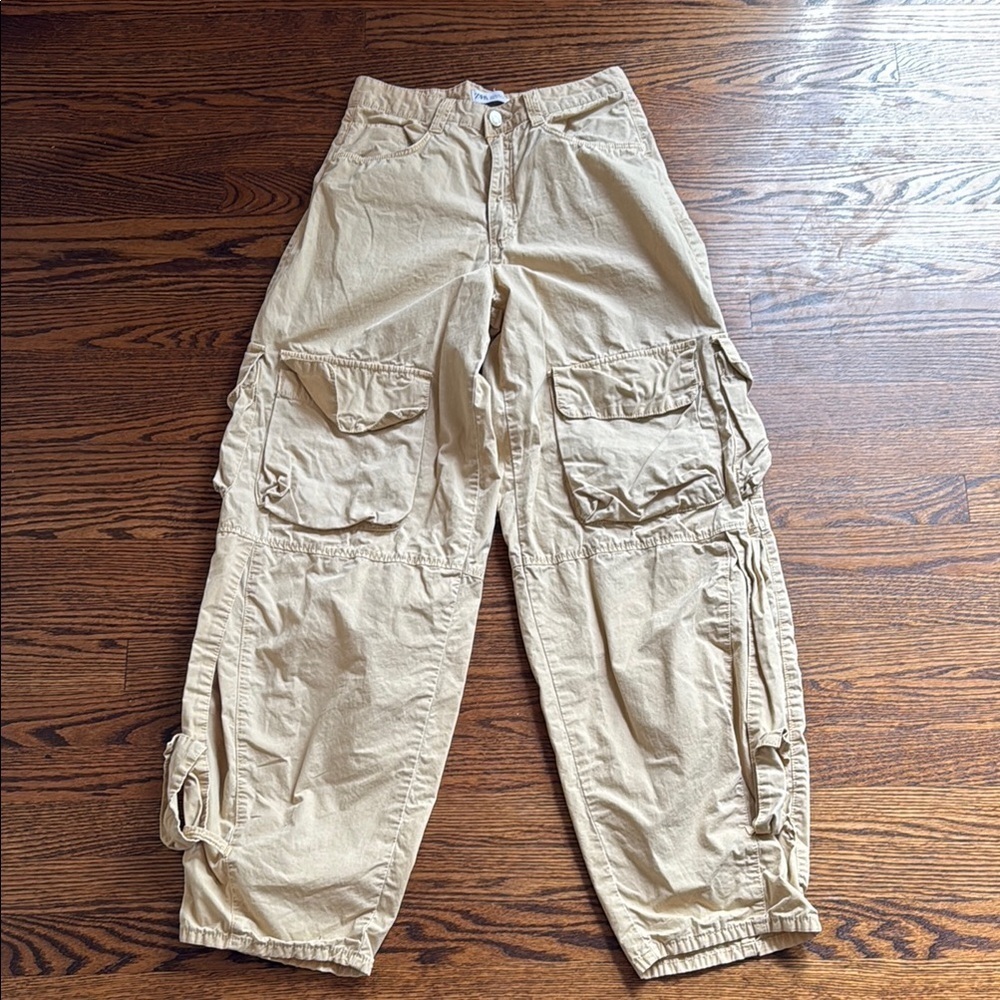Zara Women’s 2 Baggy Tan Straight Leg Pants Cotton Blend